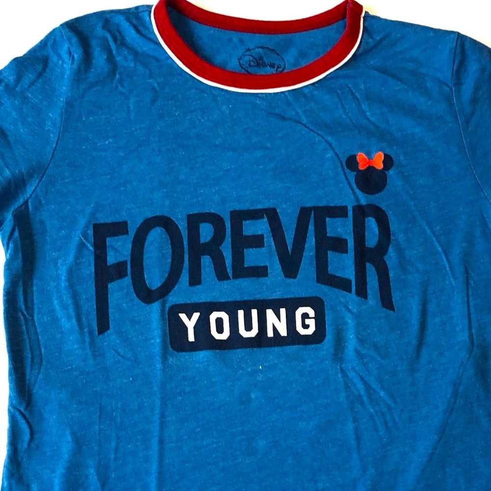 Disney Minnie Mouse Blue Women Girl Shirt Forever Young Short Sleeves Medium